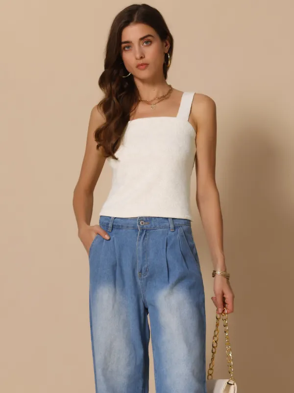 Square Neck Wide Strap Sleeveless Textured Top sold by Allegra K