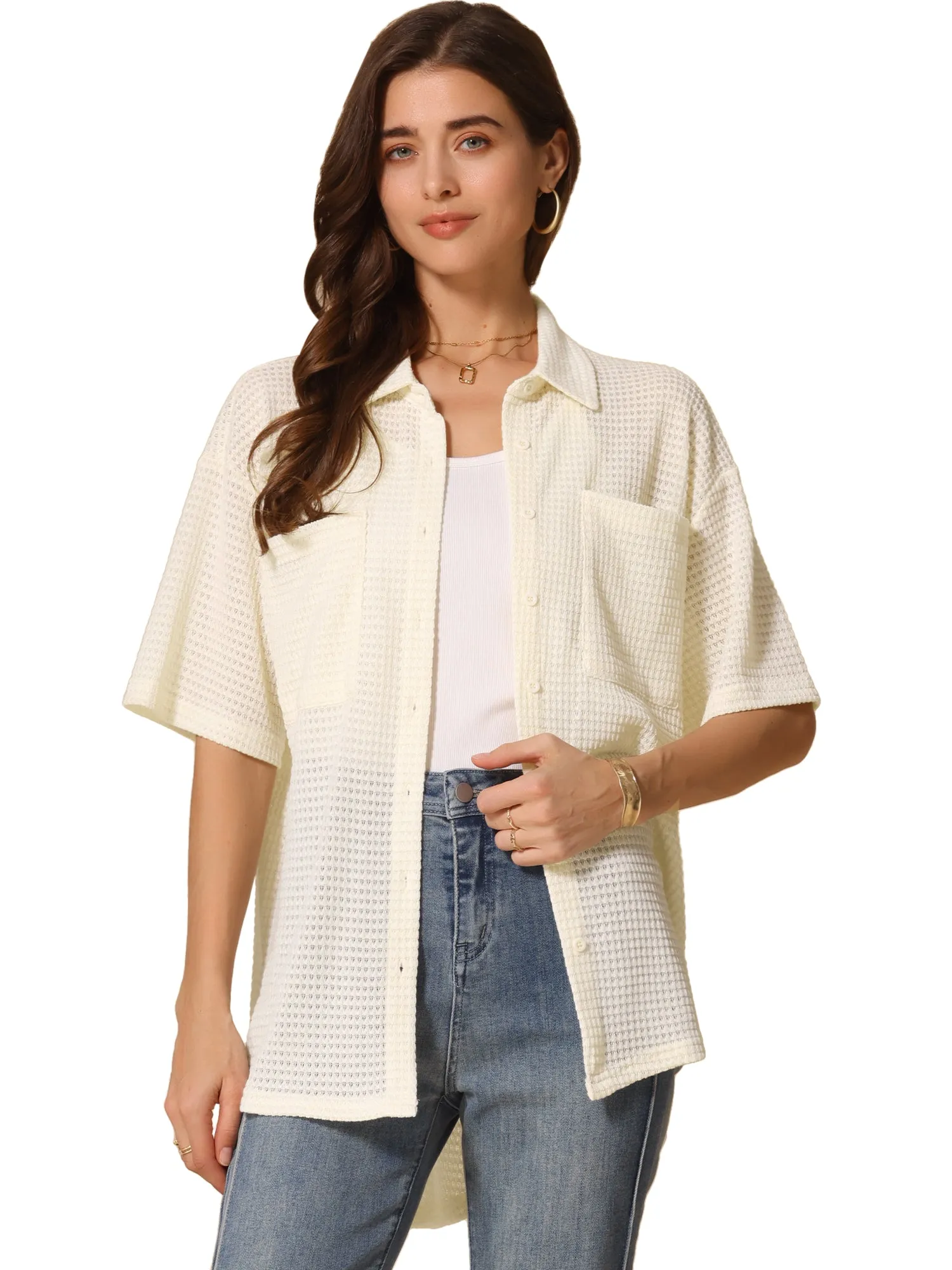 Waffle Knit Half Sleeve Button Down Textured Shirts sold by Allegra K product image thumbnail 5