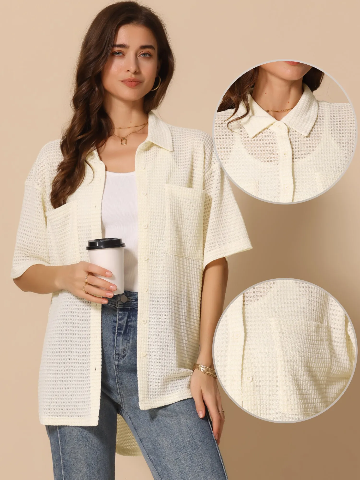 Waffle Knit Half Sleeve Button Down Textured Shirts sold by Allegra K