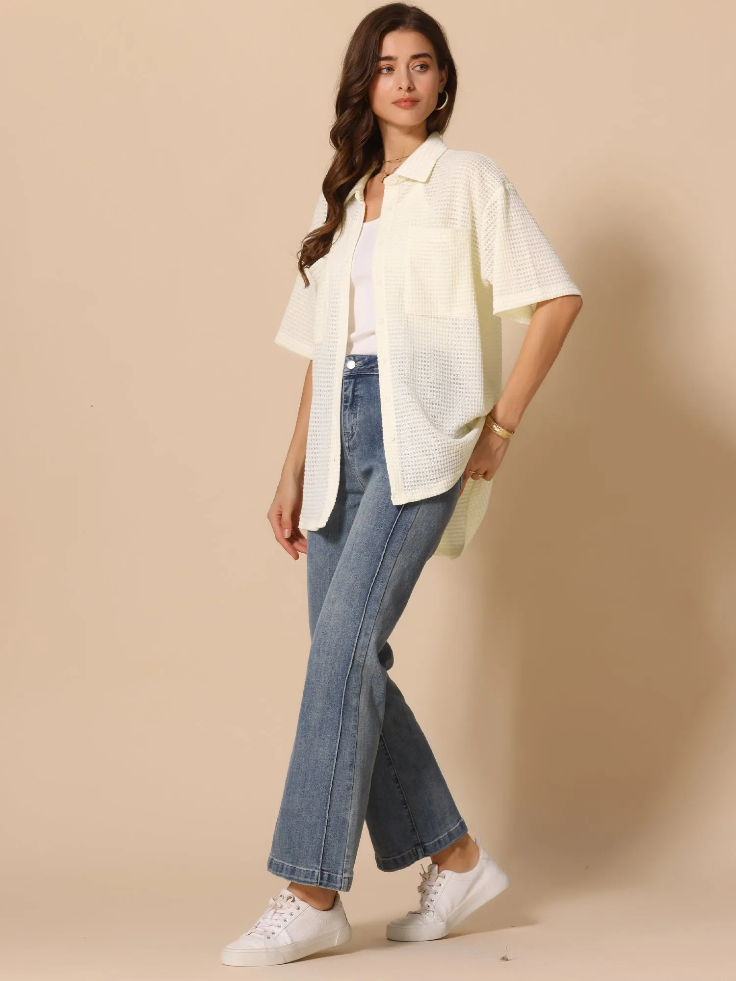 Waffle Knit Half Sleeve Button Down Textured Shirts sold by Allegra K product image thumbnail 3