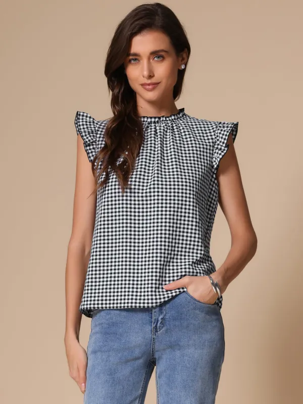 Gingham Plaid Mock Neck Cap Sleeves Ruffles Blouse sold by Allegra K