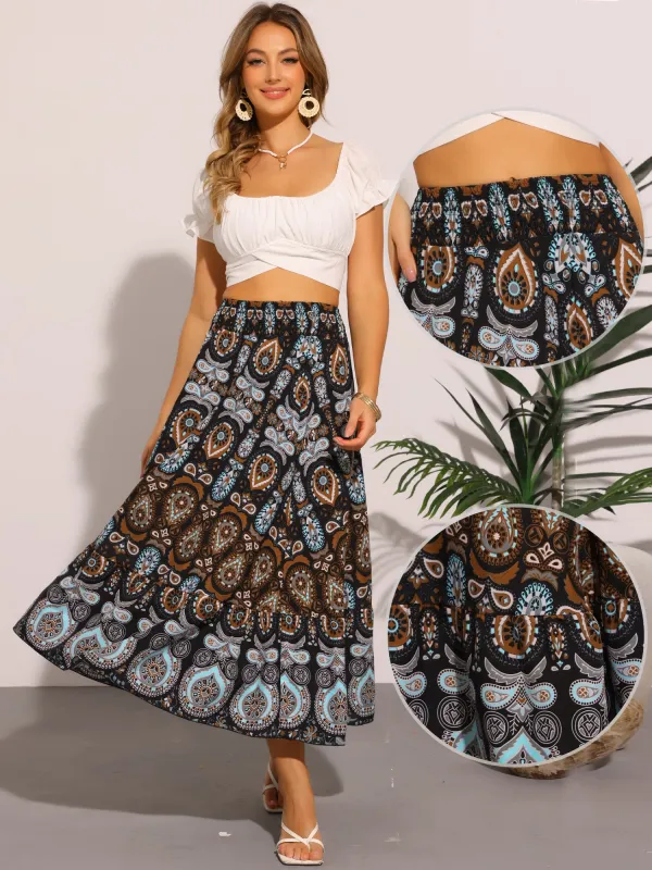 Floral Boho Elastic High Waist Beach Flowy Maxi Skirt sold by Allegra K