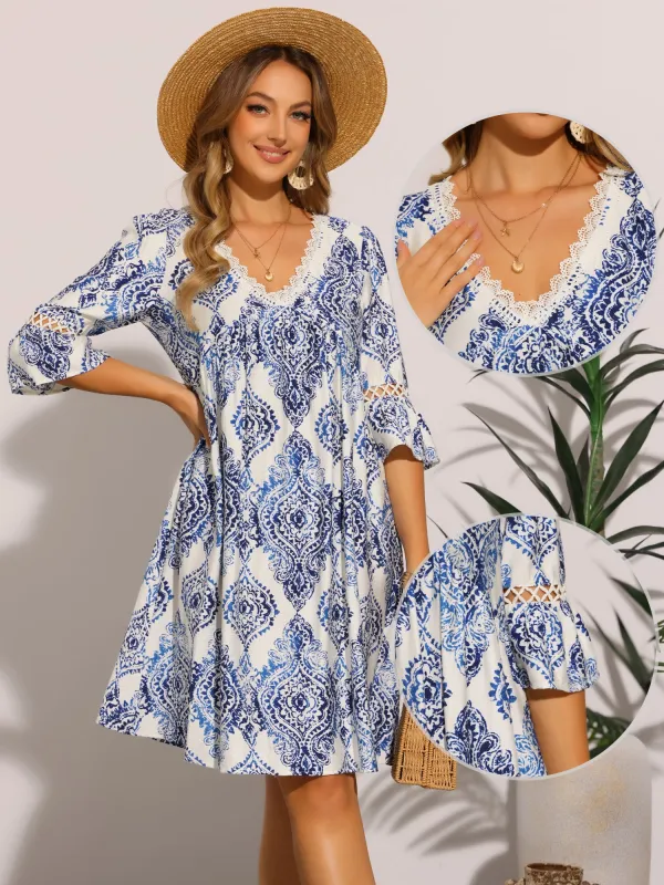 Bohemian Floral Ruffle Sleeve A Line Mini Dress sold by Allegra K
