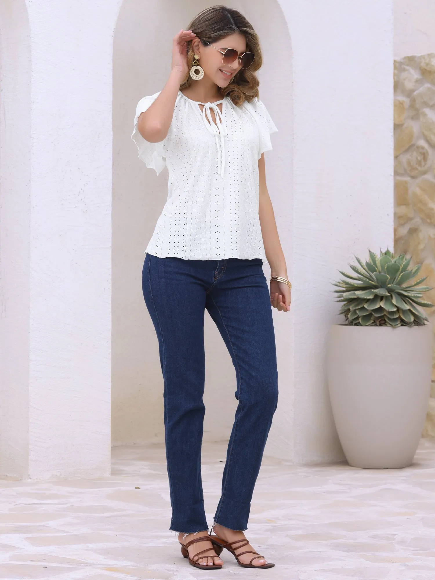 Ruffle Short Sleeve Eyelet Drawstring Blouse sold by Allegra K