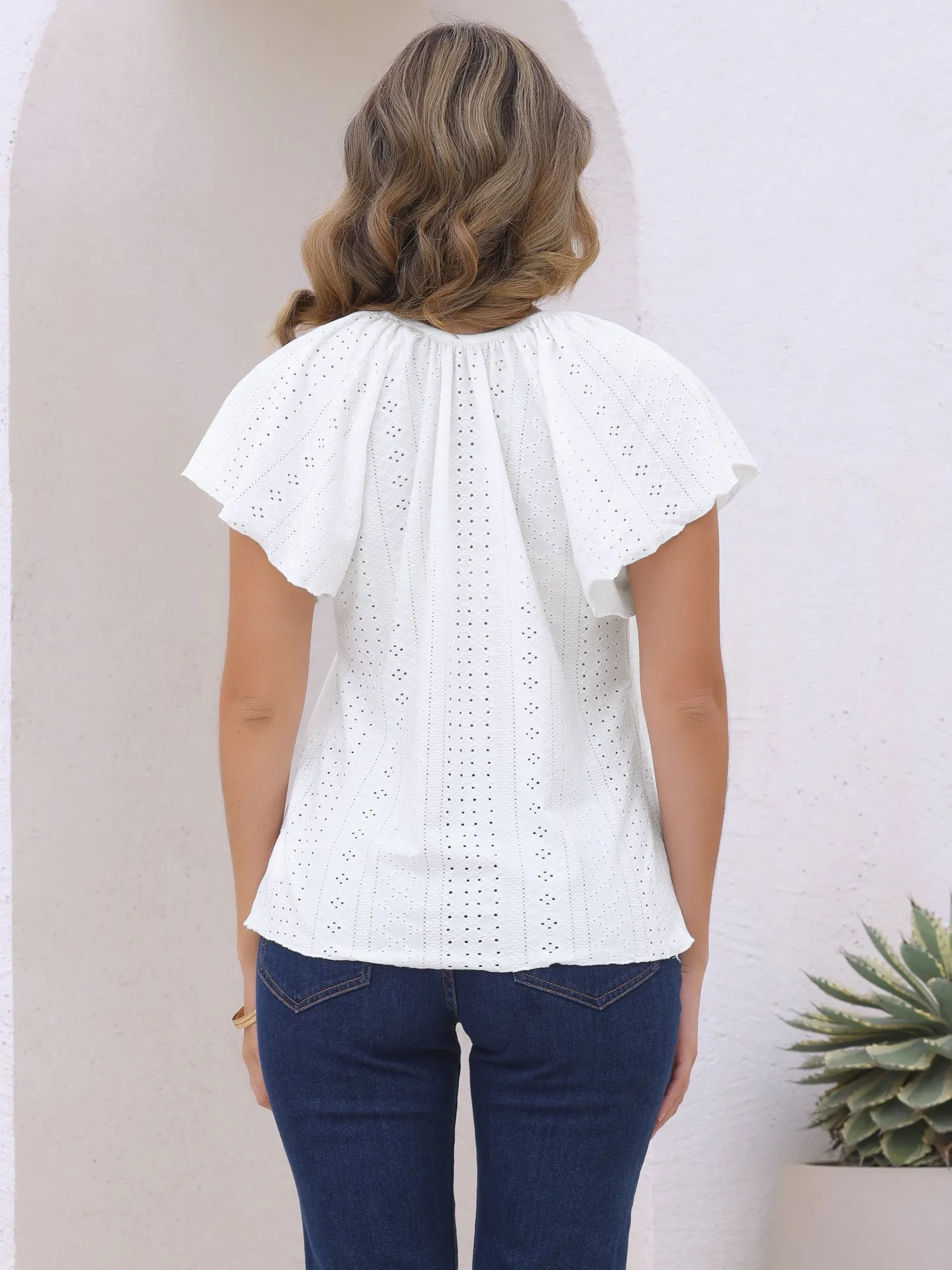Ruffle Short Sleeve Eyelet Drawstring Blouse sold by Allegra K product image thumbnail 3