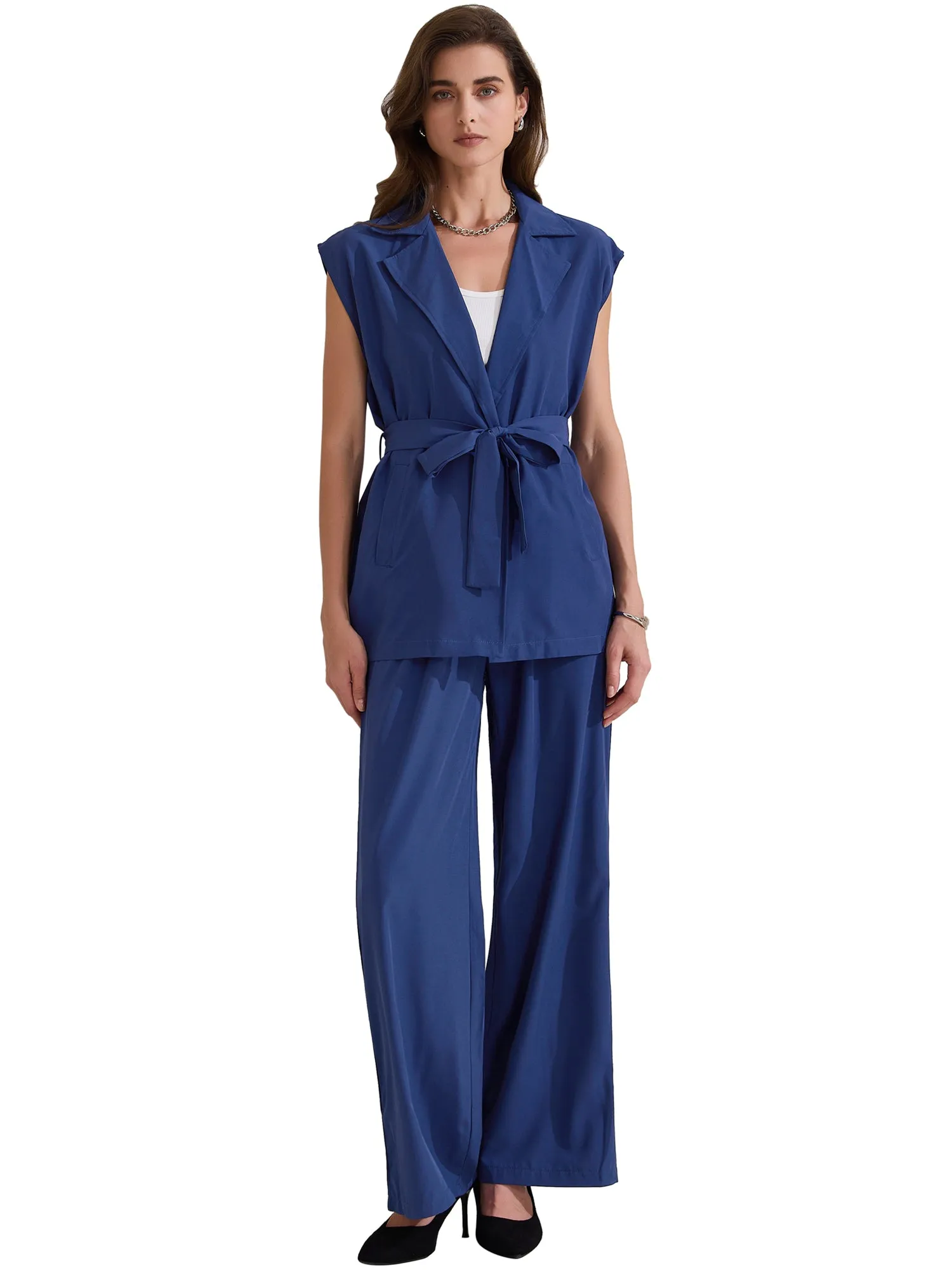 2 Pieces Cap Sleeve Belted Pocketed Tops & Wide Leg Pants Sets sold by Allegra K product image thumbnail 4