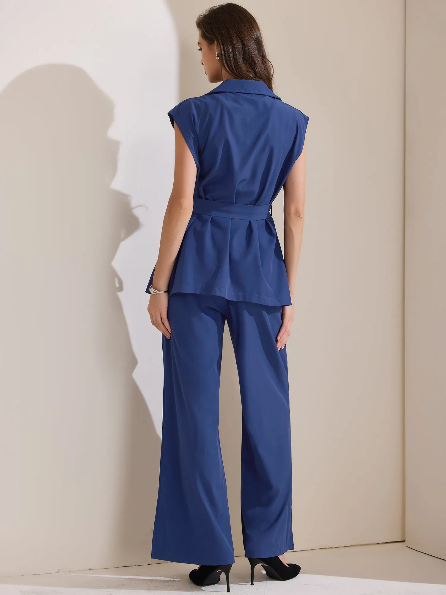 2 Pieces Cap Sleeve Belted Pocketed Tops & Wide Leg Pants Sets sold by Allegra K product image thumbnail 3