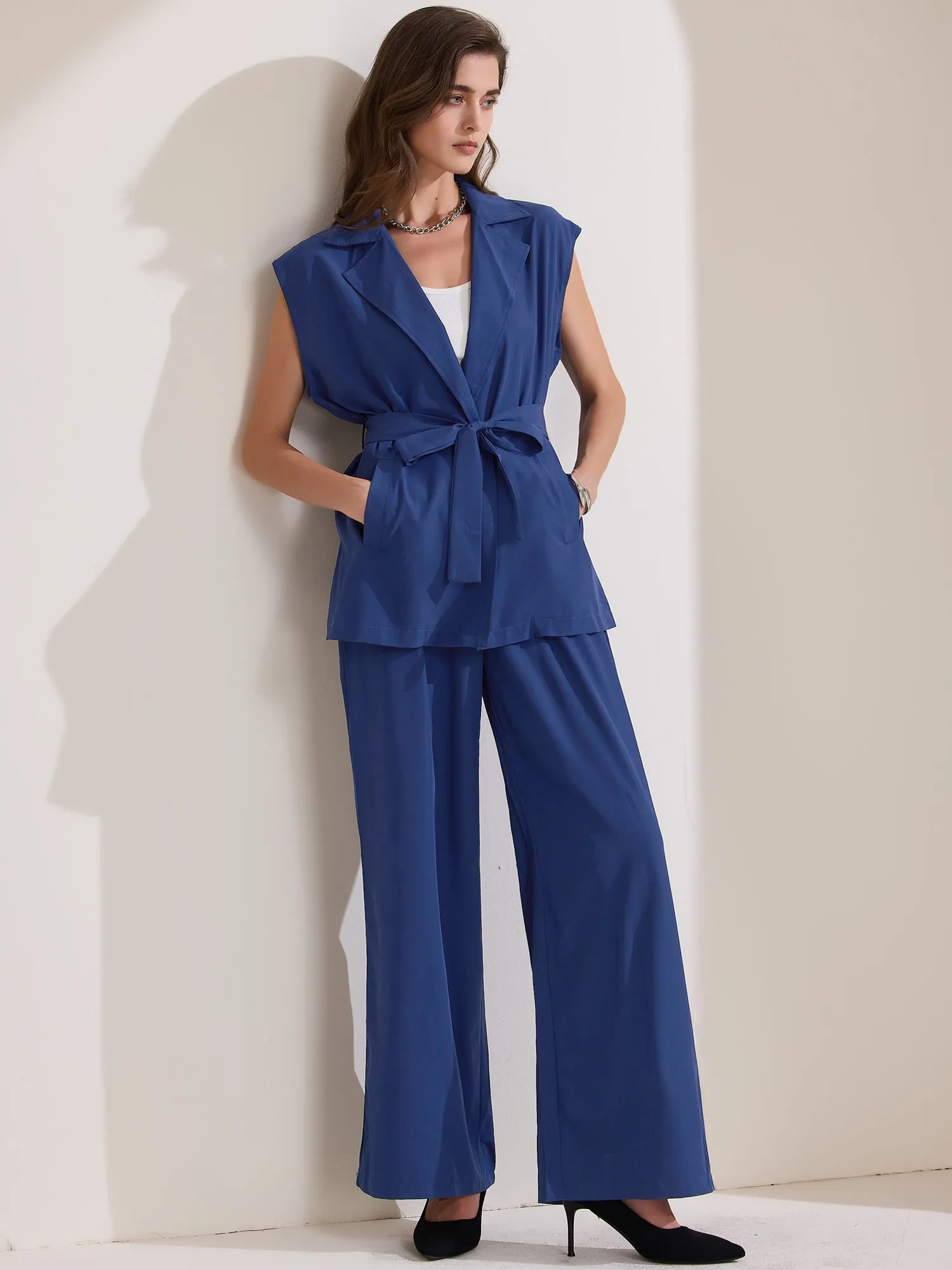2 Pieces Cap Sleeve Belted Pocketed Tops & Wide Leg Pants Sets sold by Allegra K product image thumbnail 2