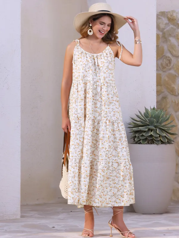 Floral Tie Shoulder Sleeveless Casual Tiered Dress sold by Allegra K