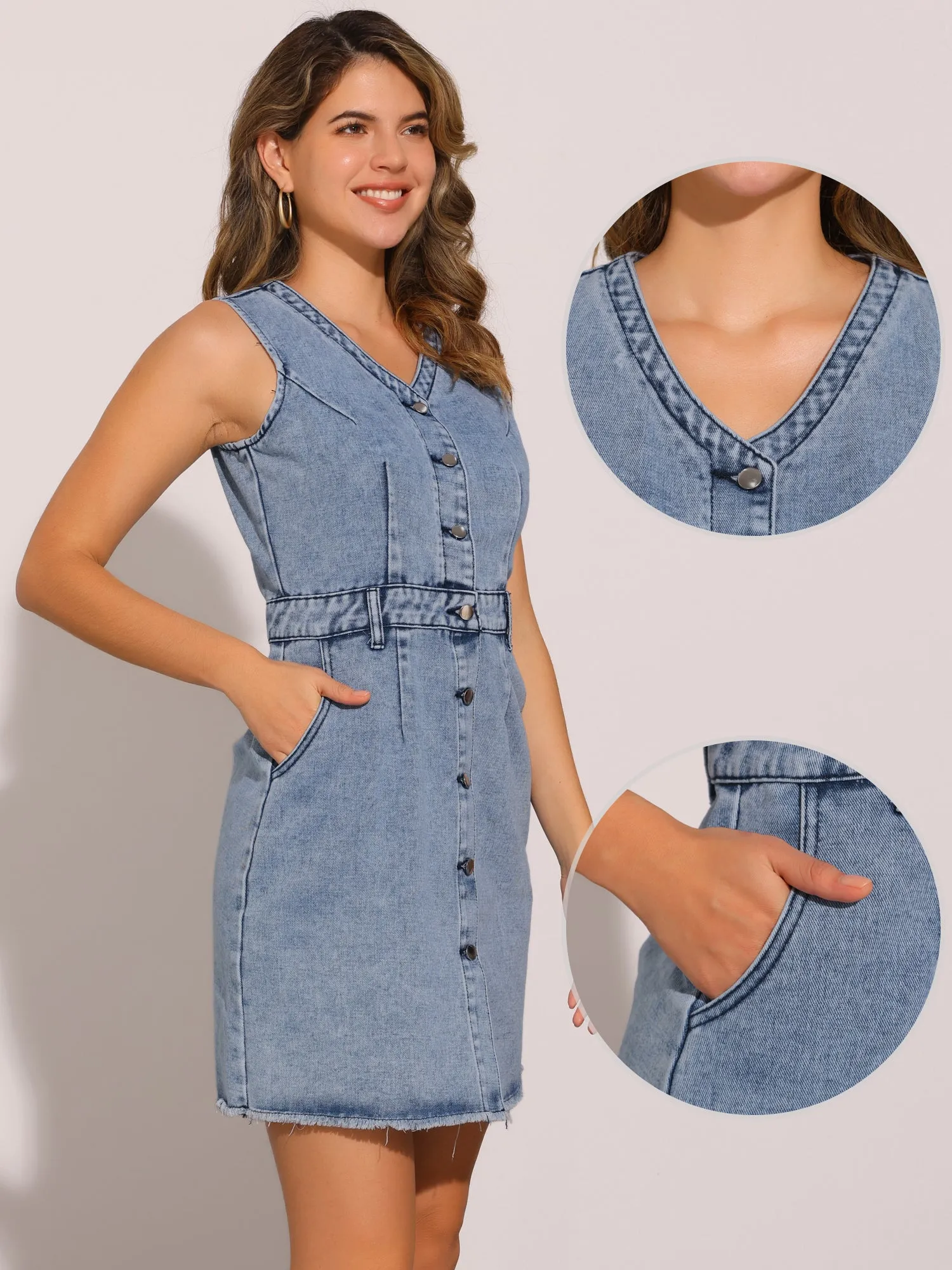 Sleeveless Denim Button Down Pocketed Mini Dress sold by Allegra K product image thumbnail 3