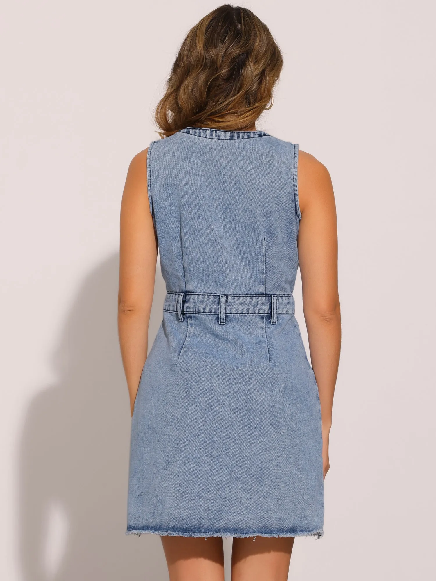 Sleeveless Denim Button Down Pocketed Mini Dress sold by Allegra K product image thumbnail 2