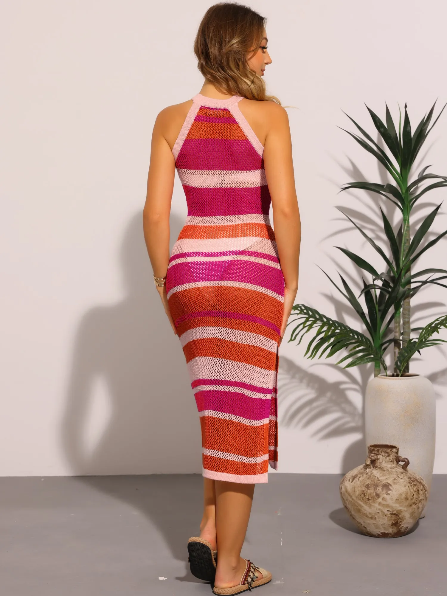 Colorblock Halter Crochet Sleeveless Midi Dress Cover Ups sold by Allegra K product image thumbnail 3