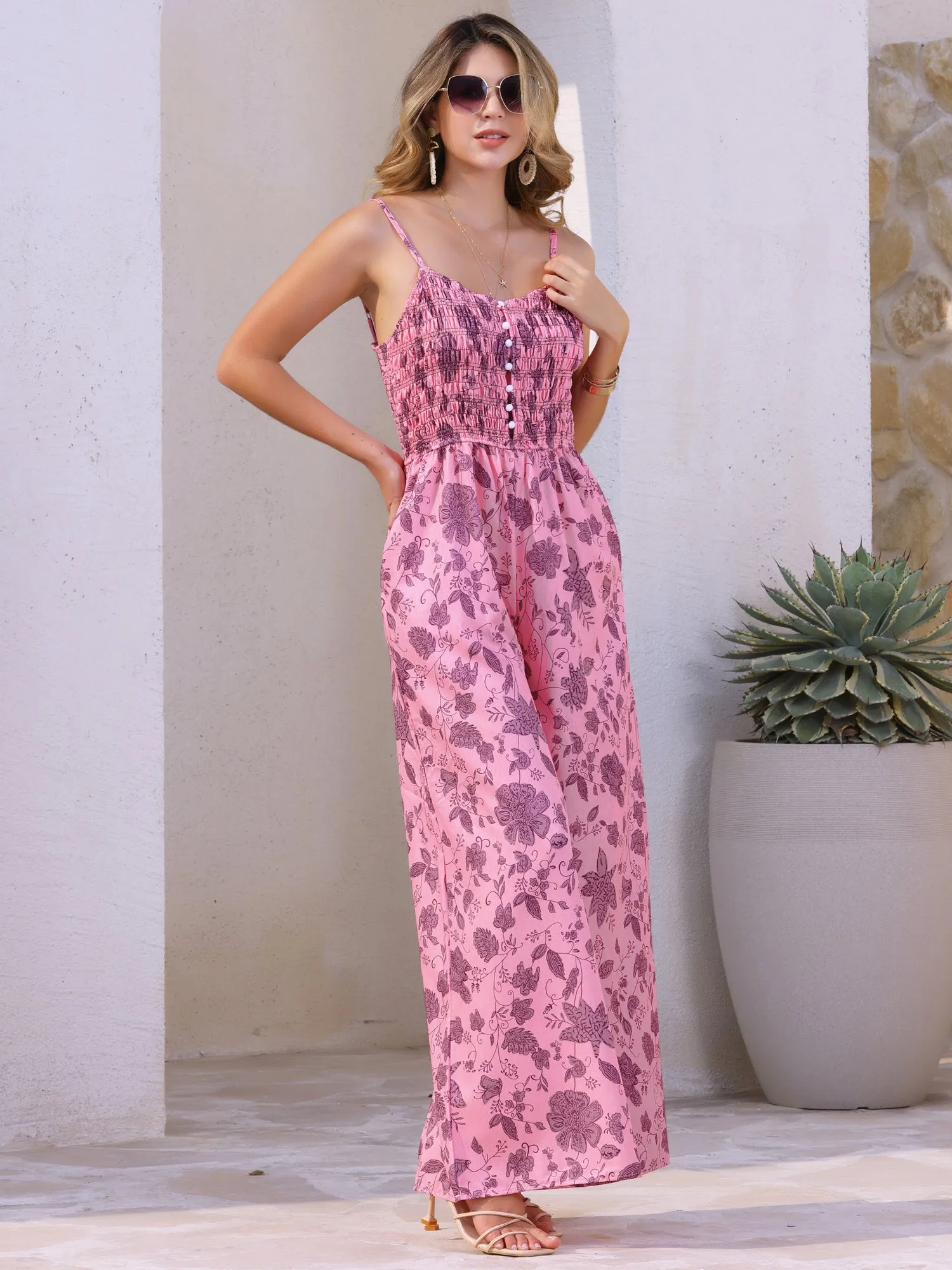 Floral Spaghetti Straps Pocketed Wide Leg Jumpsuits sold by Allegra K product image thumbnail 2