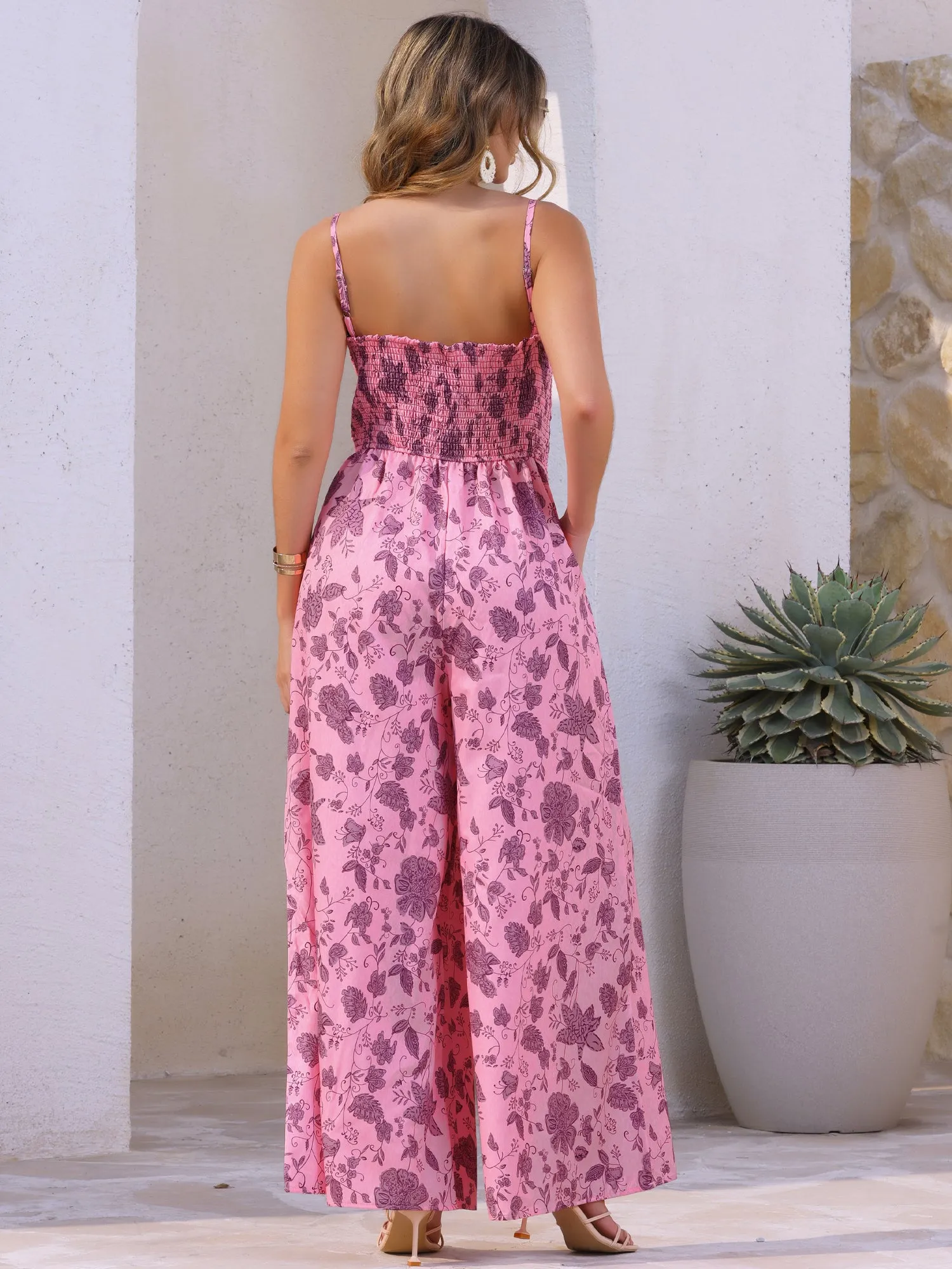 Floral Spaghetti Straps Pocketed Wide Leg Jumpsuits sold by Allegra K product image thumbnail 3