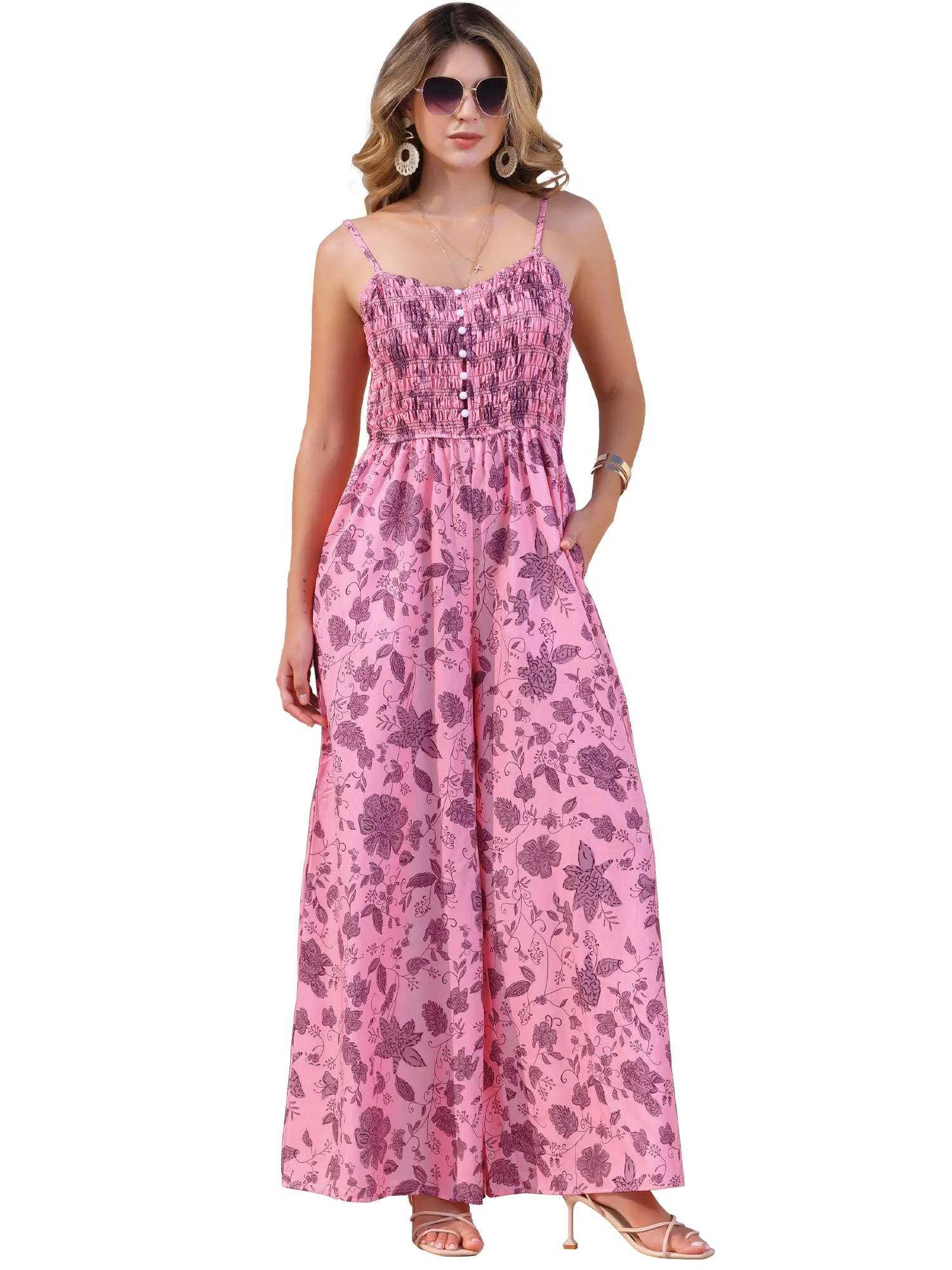 Floral Spaghetti Straps Pocketed Wide Leg Jumpsuits sold by Allegra K product image thumbnail 5