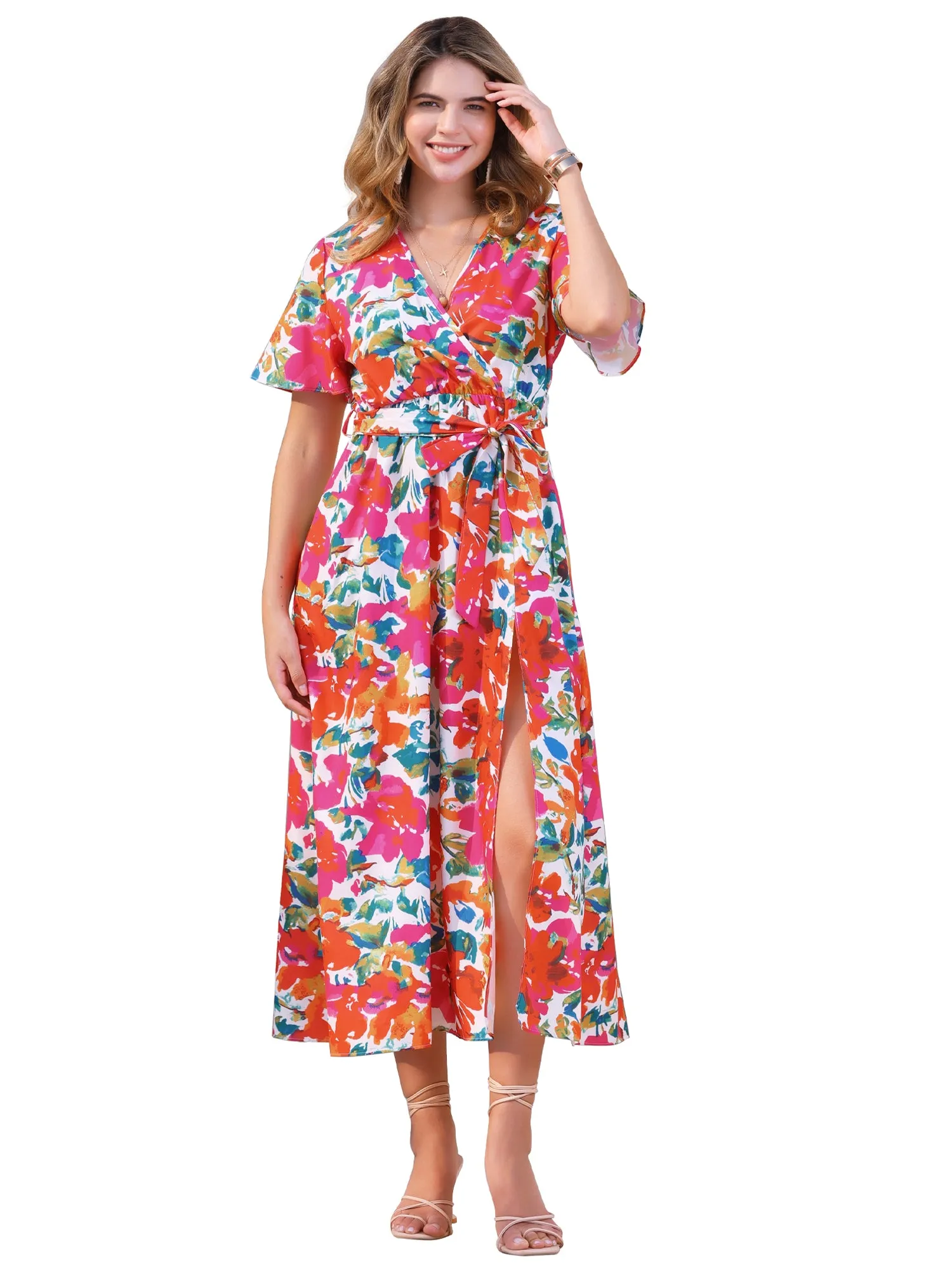 Tropical Floral V Neck Slit Short Sleeve Midi Dress sold by Allegra K product image thumbnail 5