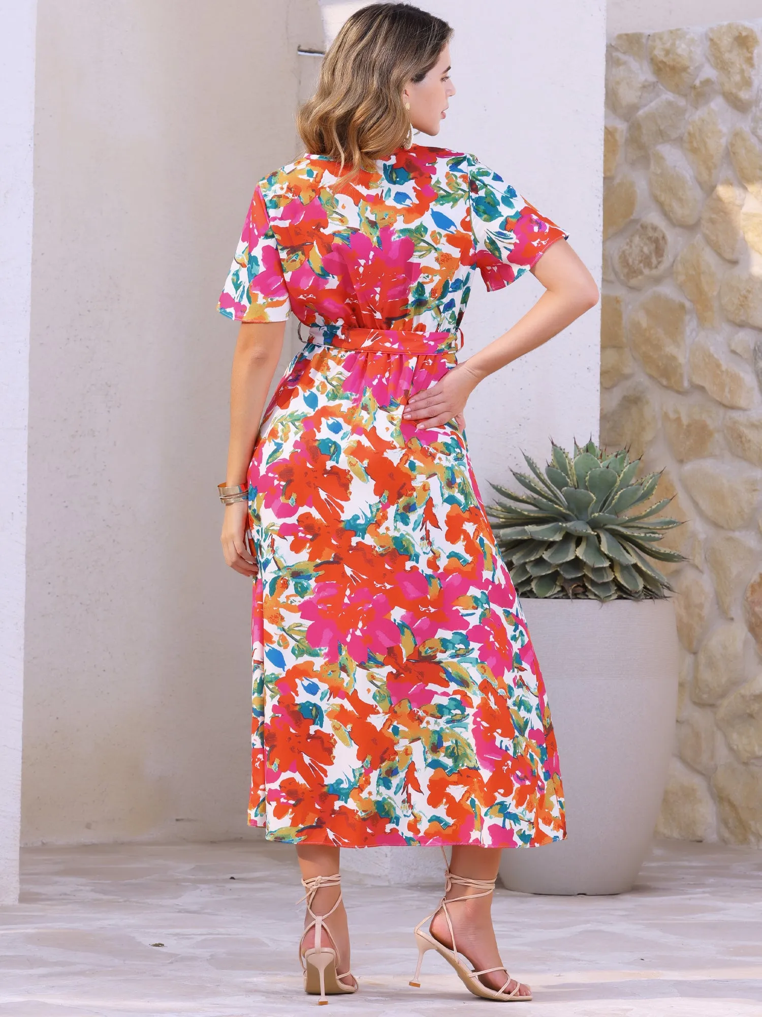 Tropical Floral V Neck Slit Short Sleeve Midi Dress sold by Allegra K product image thumbnail 3