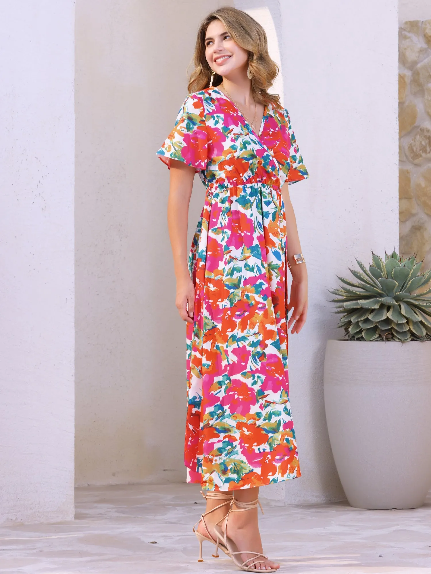 Tropical Floral V Neck Slit Short Sleeve Midi Dress sold by Allegra K product image thumbnail 2