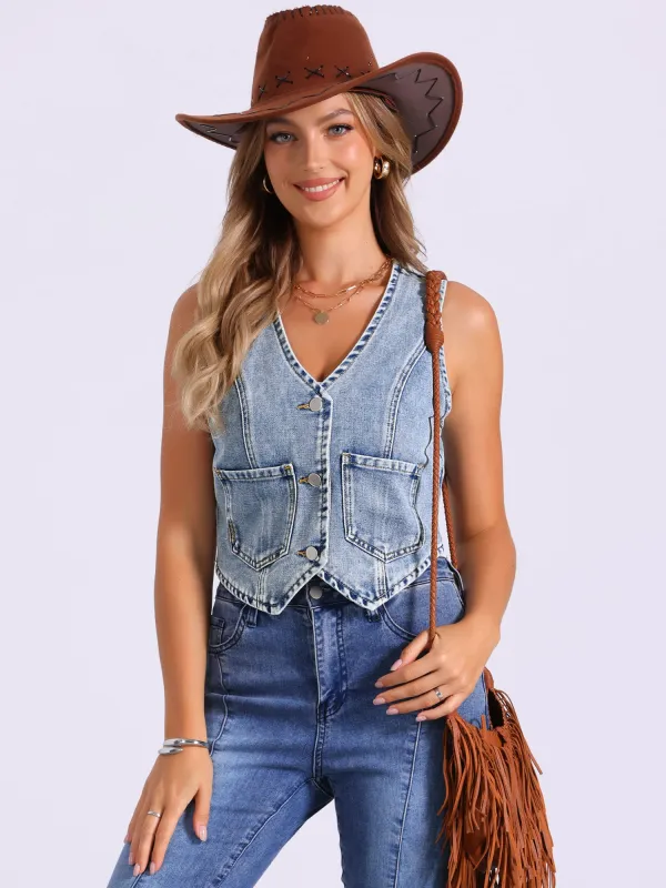 Denim V Neck Button Down Jean Waistcoat Vest sold by Allegra K