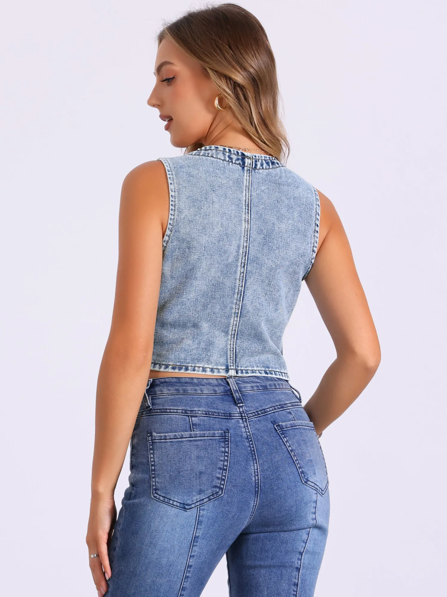 Denim V Neck Button Down Jean Waistcoat Vest sold by Allegra K product image thumbnail 3