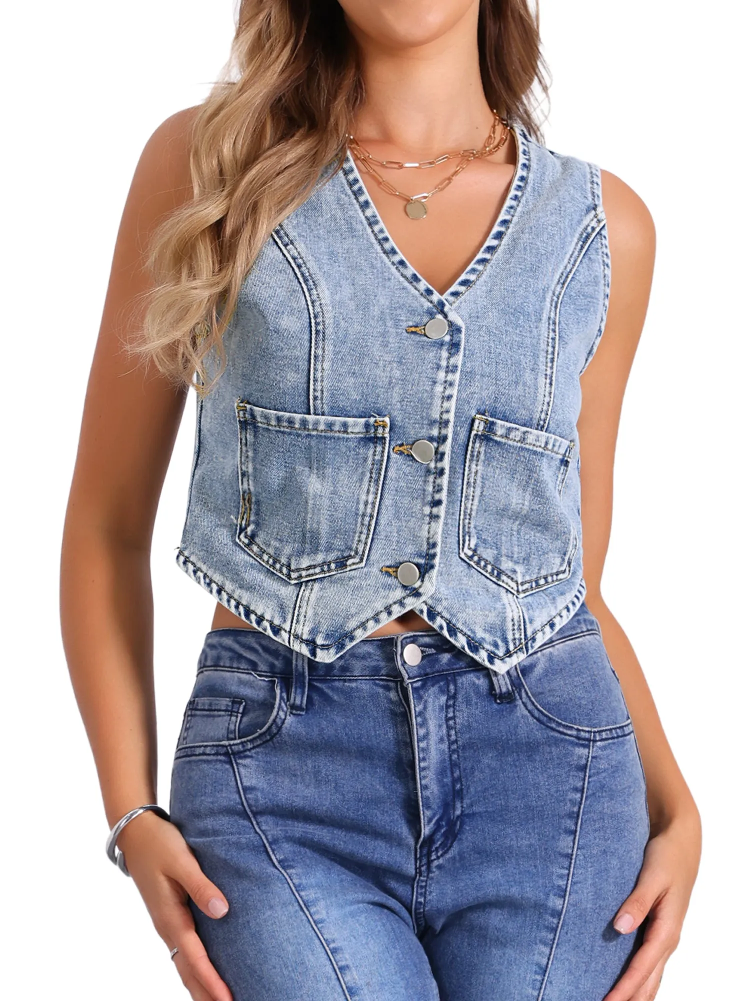 Denim V Neck Button Down Jean Waistcoat Vest sold by Allegra K product image thumbnail 4