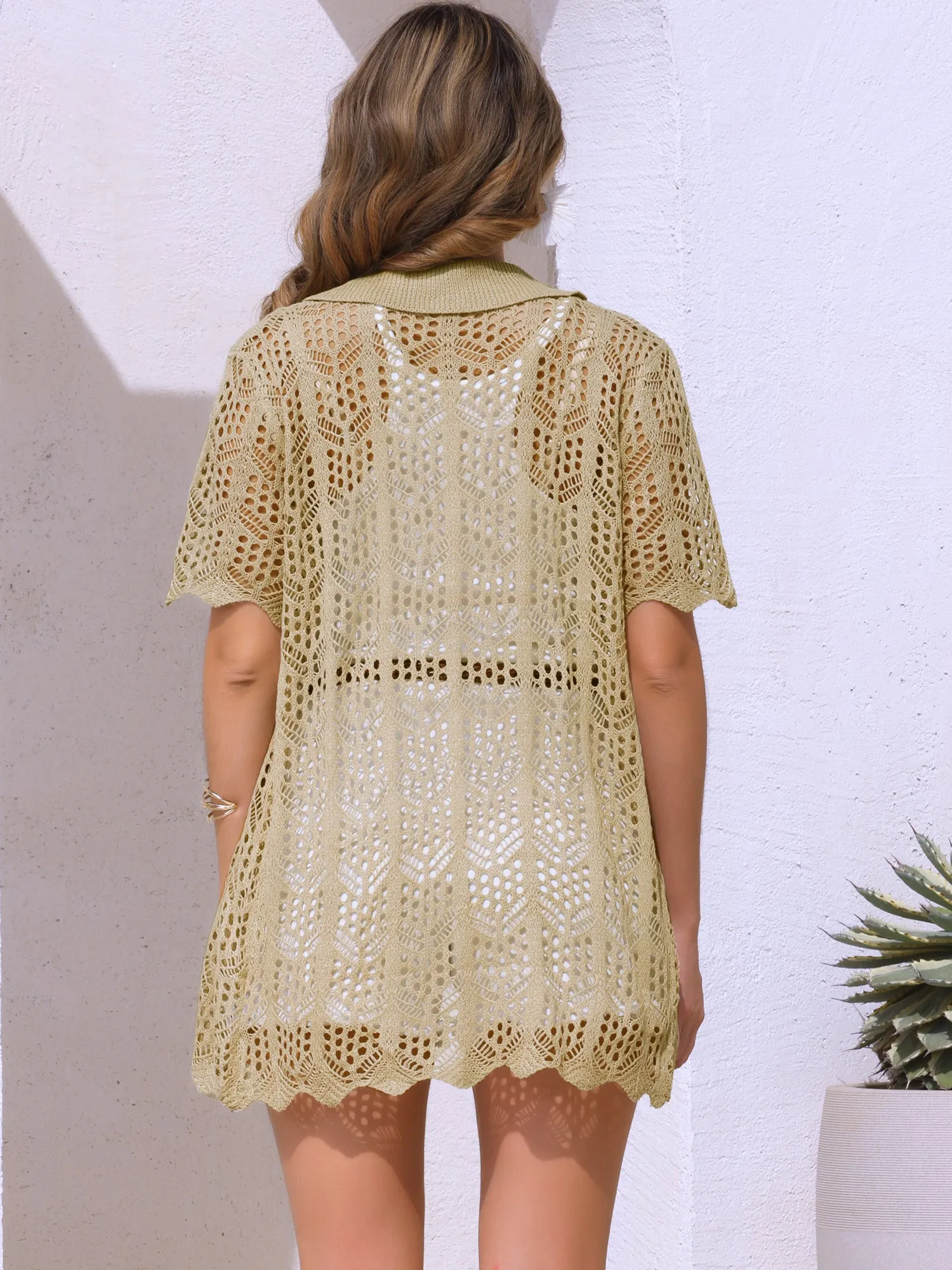 Button Down Summer Short Sleeve Crochet Swimsuit Cover Ups sold by Allegra K product image thumbnail 3