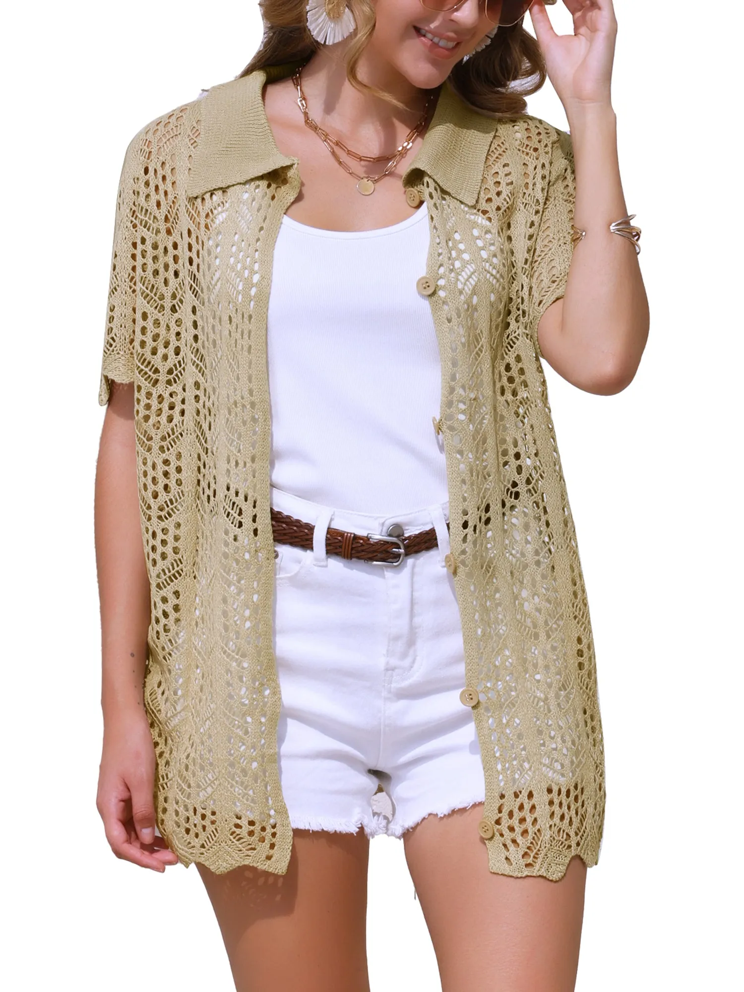 Button Down Summer Short Sleeve Crochet Swimsuit Cover Ups sold by Allegra K product image thumbnail 5