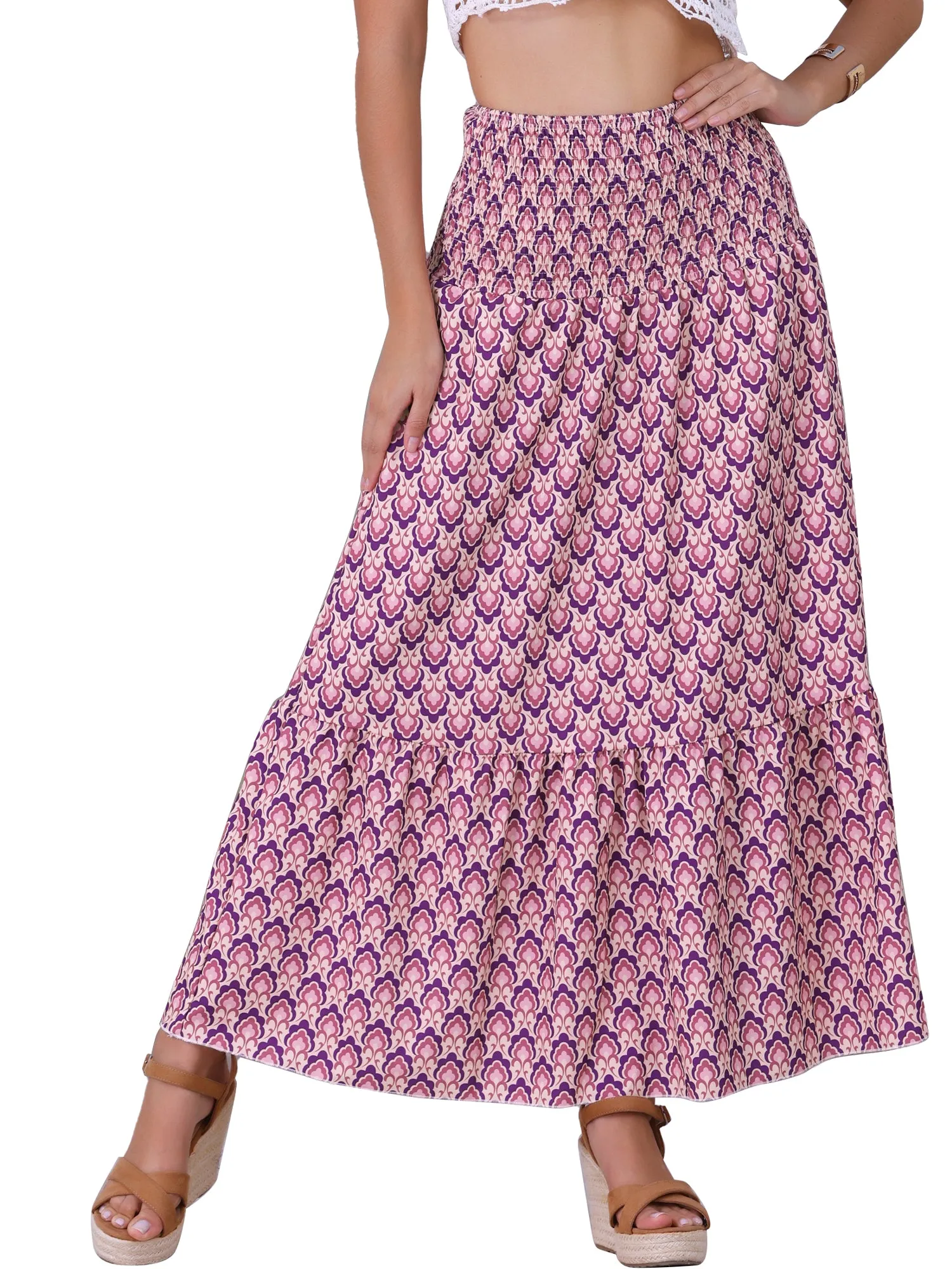 Smocked Waist Flowy Swing Boho Floral Dress Skirt sold by Allegra K product image thumbnail 5