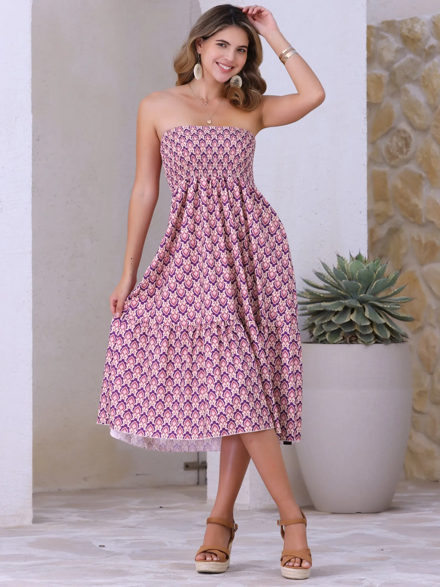 Smocked Waist Flowy Swing Boho Floral Dress Skirt sold by Allegra K