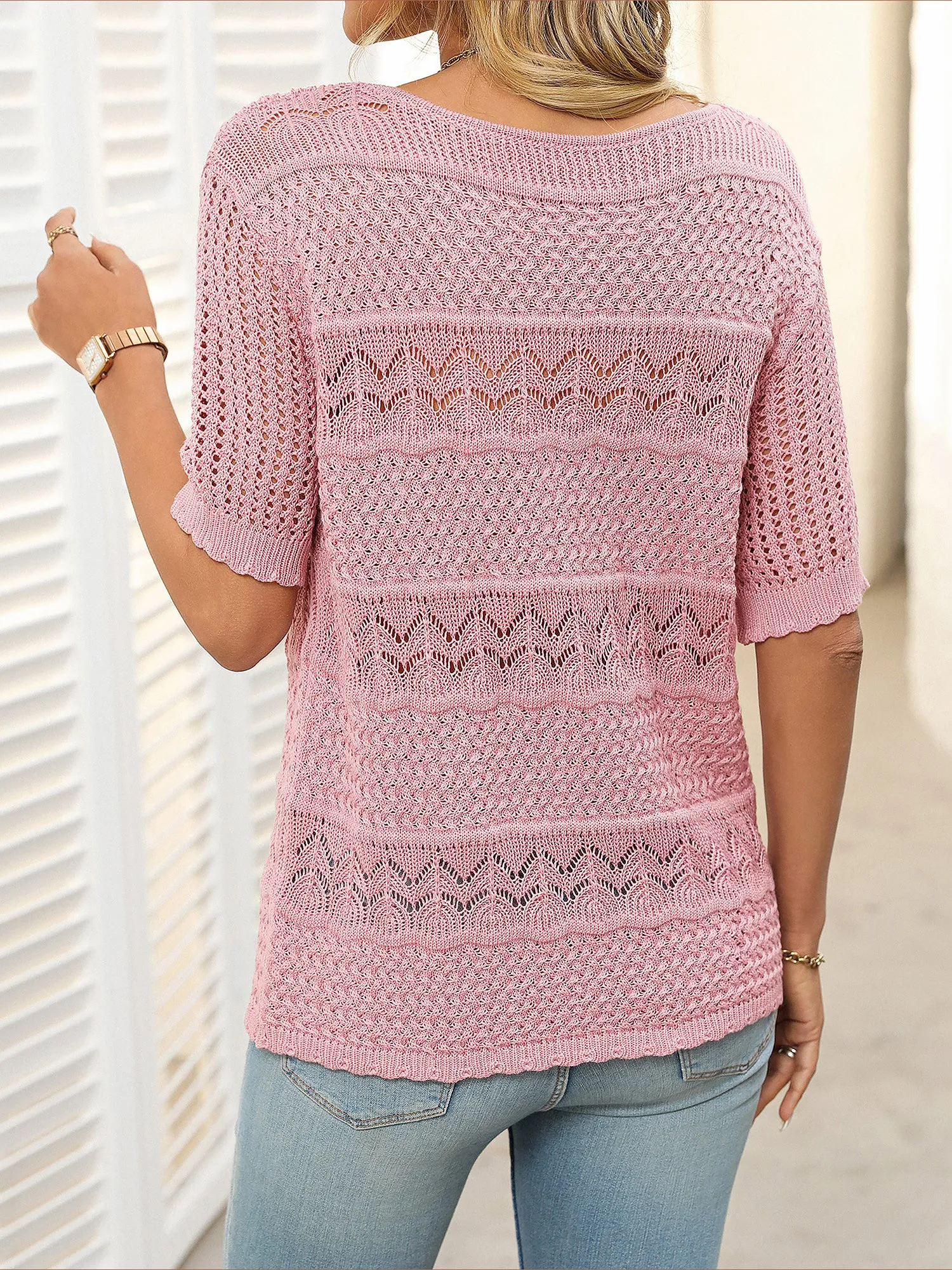 Round Neck Short Sleeve Crochet Knit Tops sold by Allegra K product image thumbnail 5