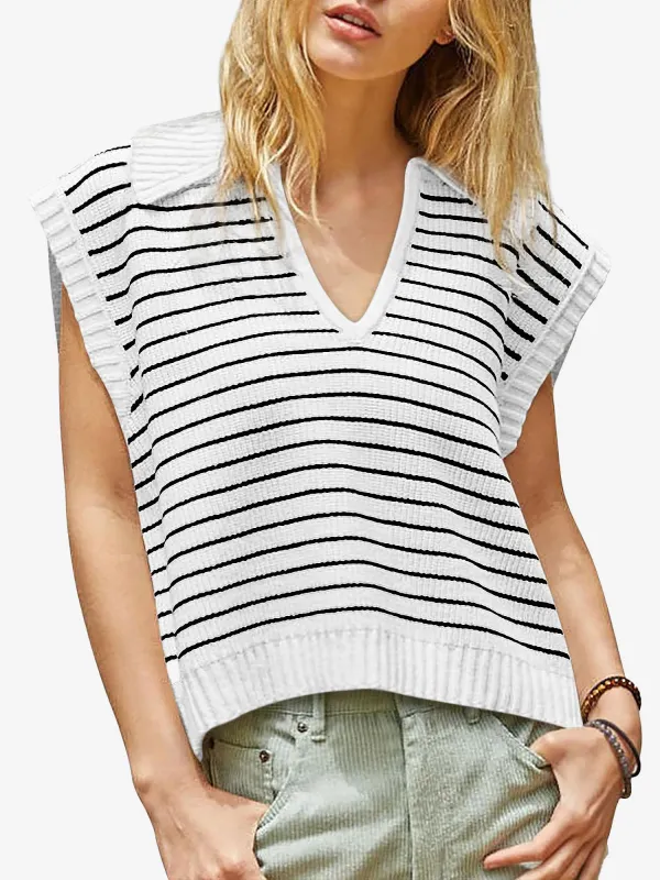 Collared V Neck Knitted Casual Striped Sweater sold by Allegra K