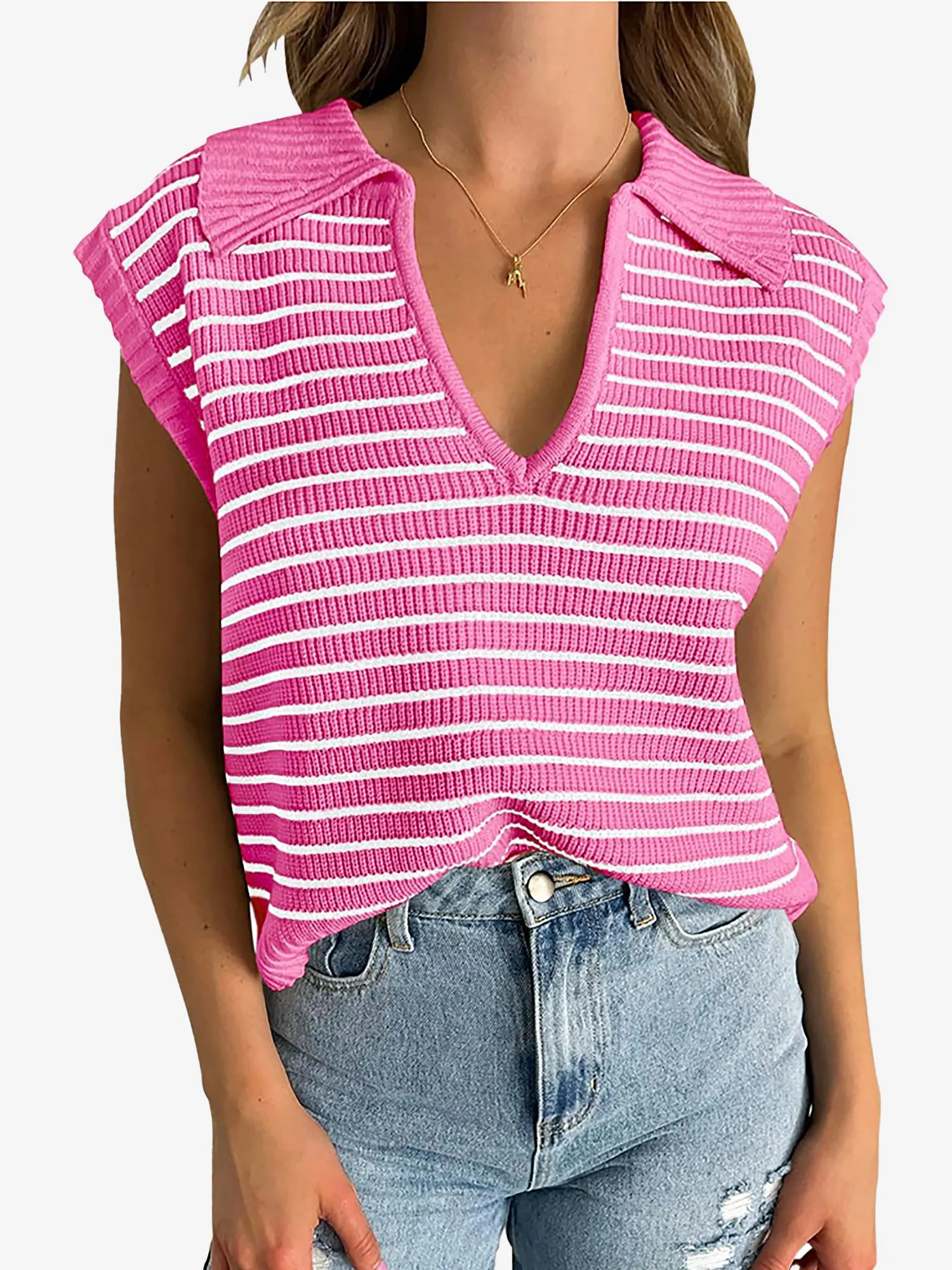 Collared V Neck Knitted Casual Striped Sweater sold by Allegra K product image thumbnail 5