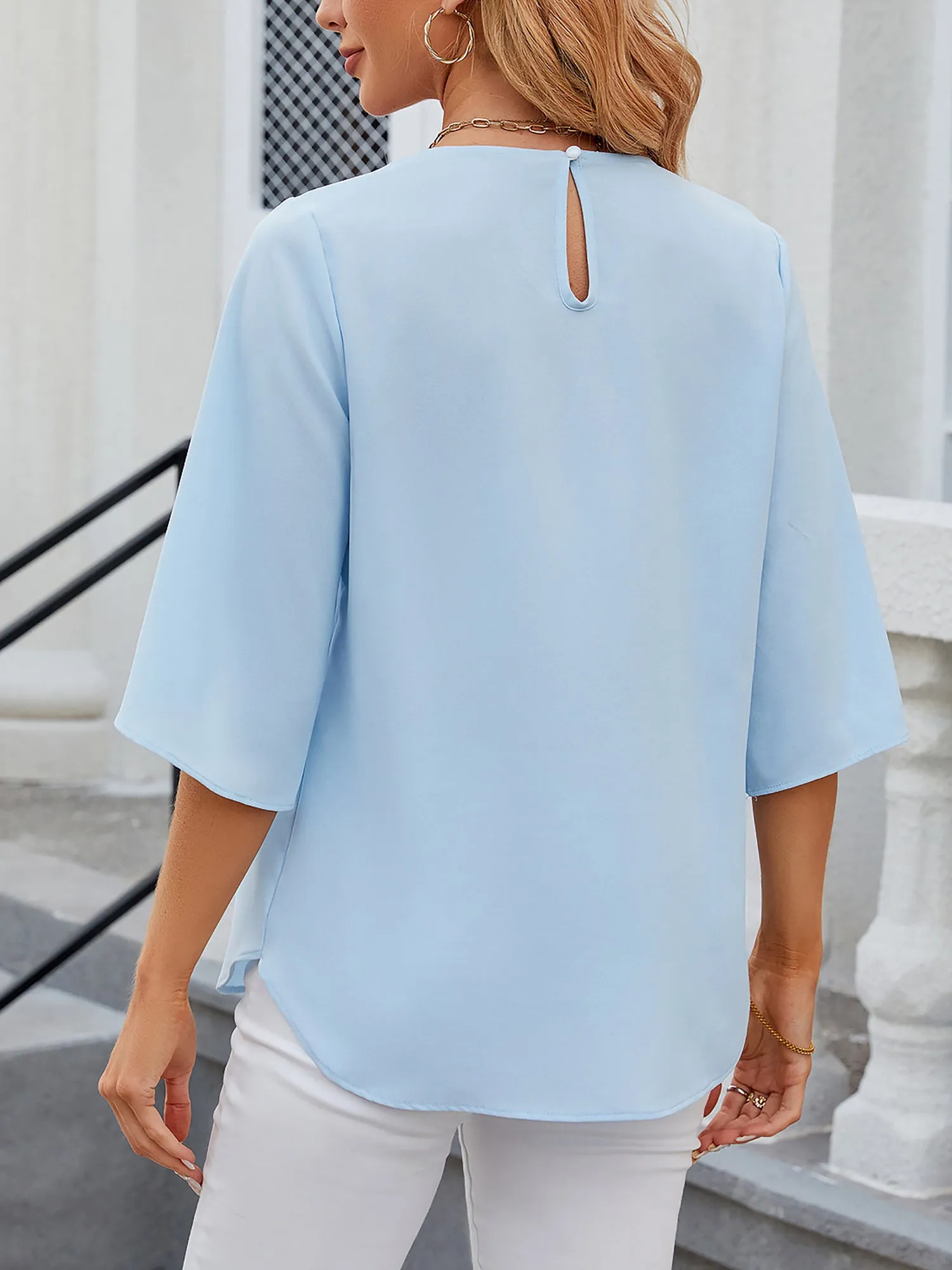 Lightweight Flowy Solid Color Round Neck 3/4 Sleeve Chiffon Blouse sold by Allegra K product image thumbnail 2