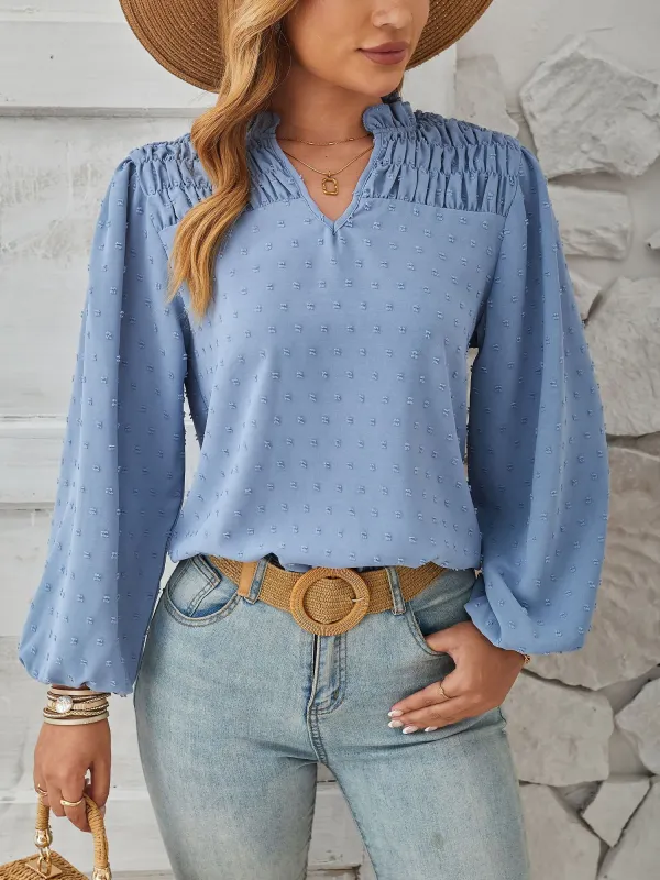Vintage-Chic Swiss Dots Smocked Puff Long Sleeves Office Blouse sold by Allegra K