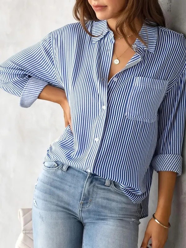 Classic Vertical Stripes Long Sleeves Buttoned Down Office Blouse sold by Allegra K