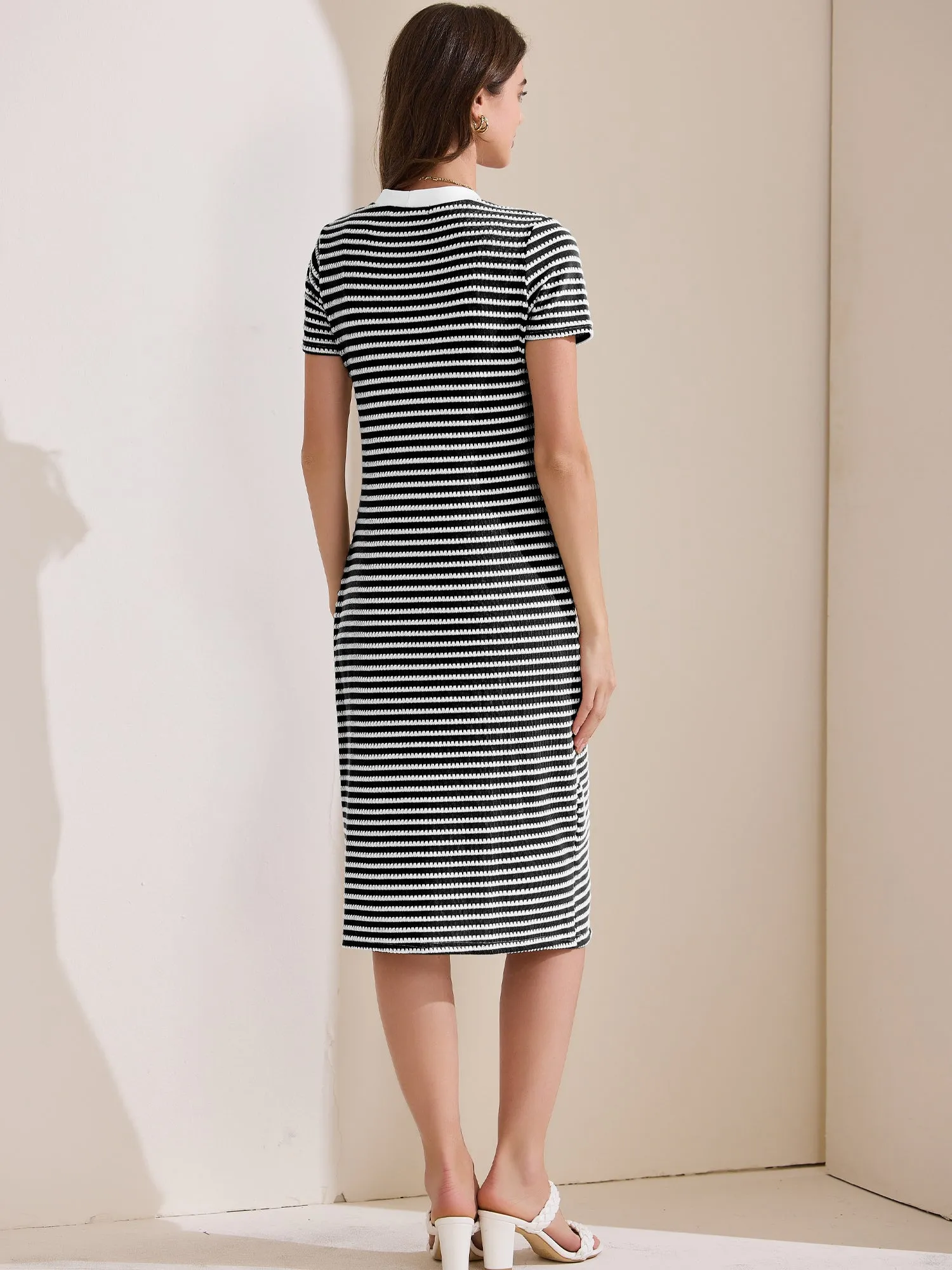Striped Ribbed Knit Short Sleeve V Neck Midi Dress sold by Allegra K product image thumbnail 3