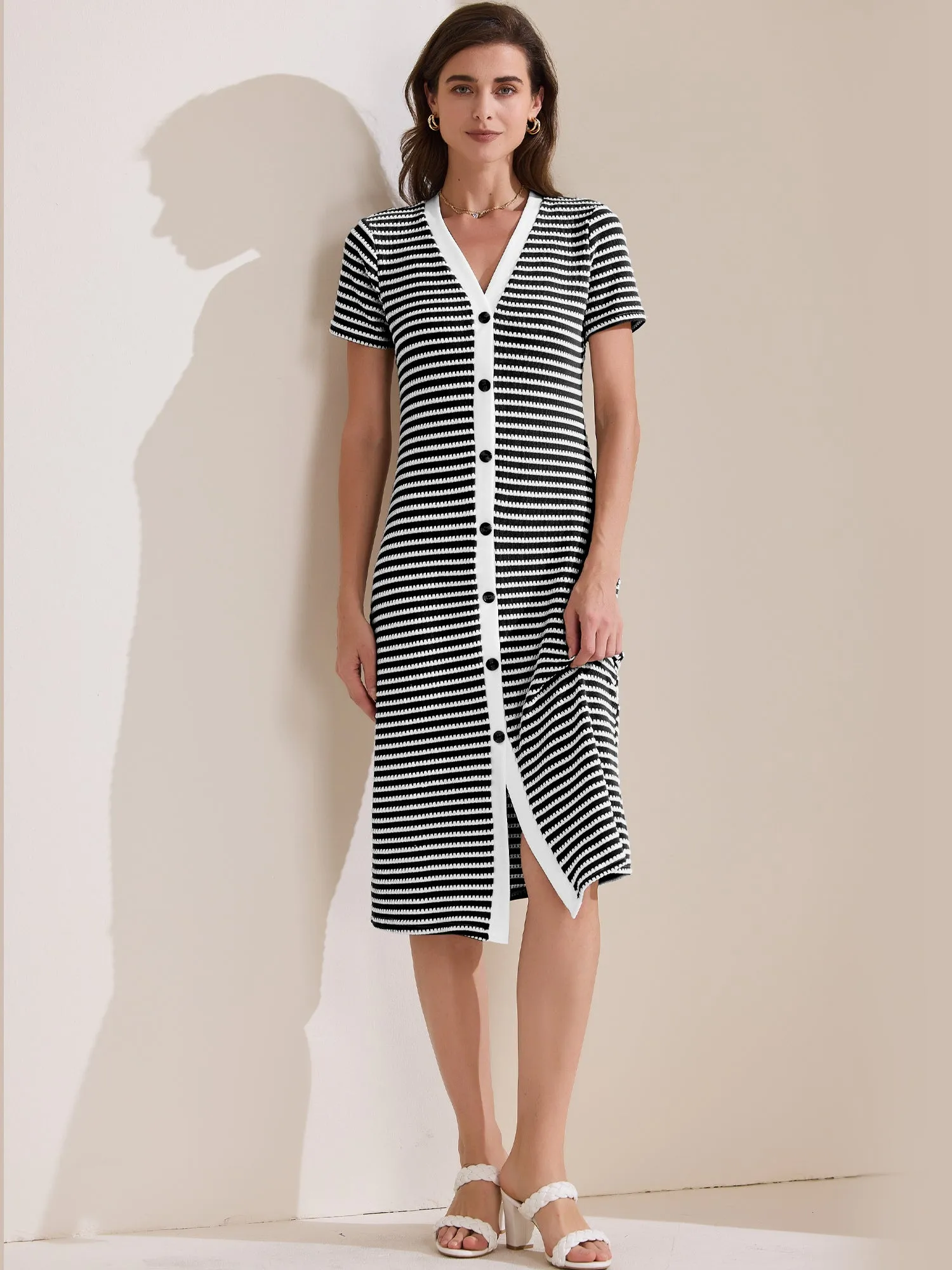 Striped Ribbed Knit Short Sleeve V Neck Midi Dress sold by Allegra K product image thumbnail 2
