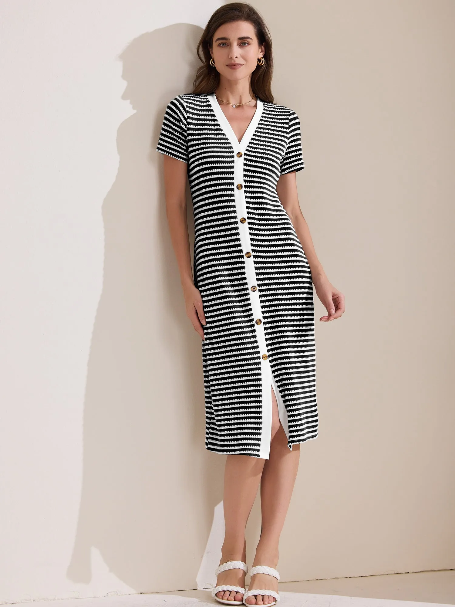 Striped Ribbed Knit Short Sleeve V Neck Midi Dress sold by Allegra K