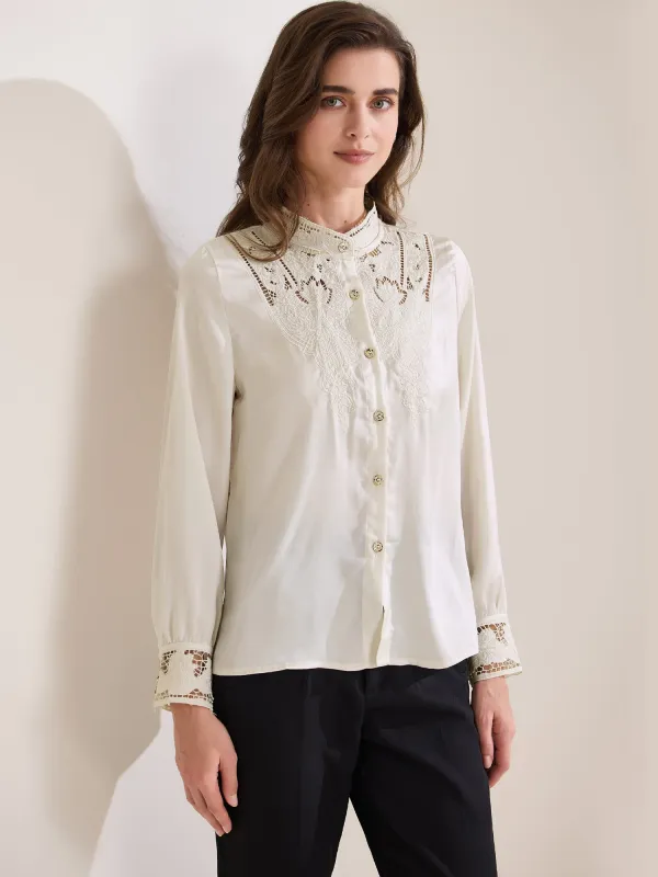 Lace Patchwork Long Sleeve Satin Mock Neck Shirts sold by Allegra K
