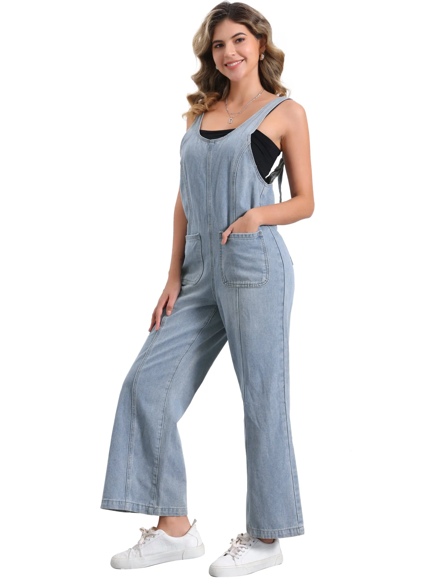 Denim Adjustable Strap Pocketed Wide Leg Jumpsuits sold by Allegra K product image thumbnail 5