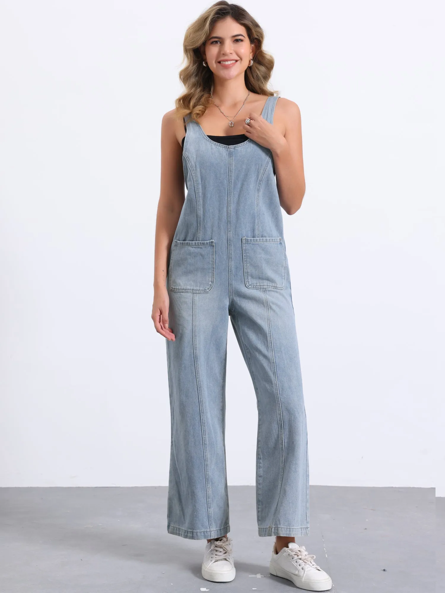 Denim Adjustable Strap Pocketed Wide Leg Jumpsuits sold by Allegra K