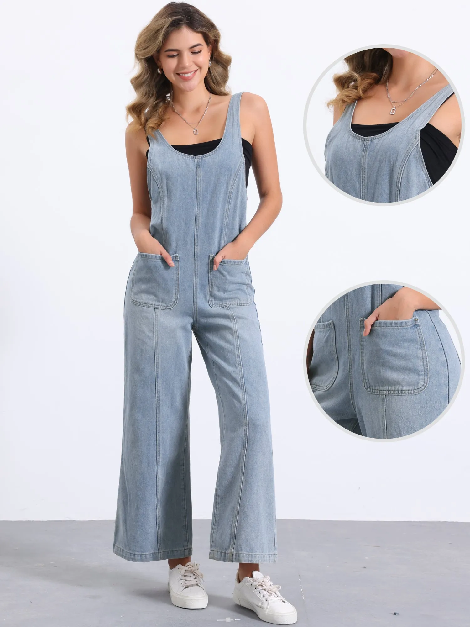 Denim Adjustable Strap Pocketed Wide Leg Jumpsuits sold by Allegra K product image thumbnail 3