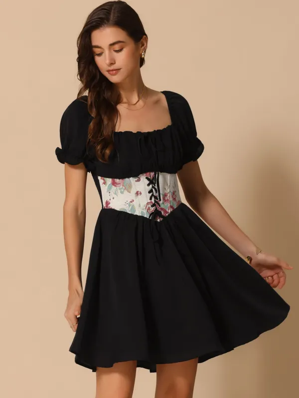 Square Neck Short Sleeve Corset Patchwork Mini Dress sold by Allegra K