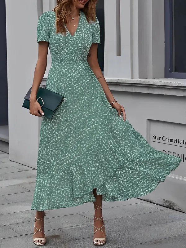 Elegant Floral V Neck Short Sleeve Maxi Wrap Beach Dress sold by Allegra K