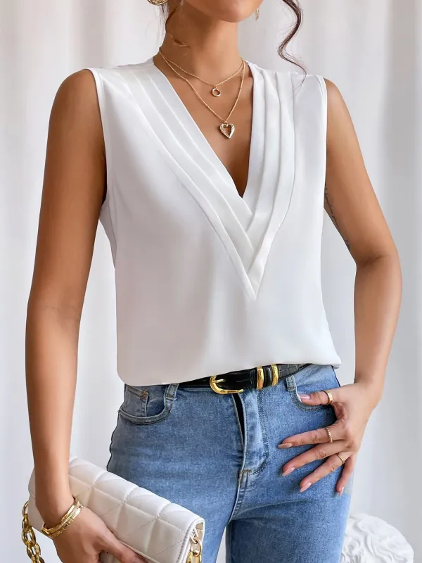 Elegant A-Line Silhouette Pleated V Neck Sleeveless Solid Color Top sold by Allegra K