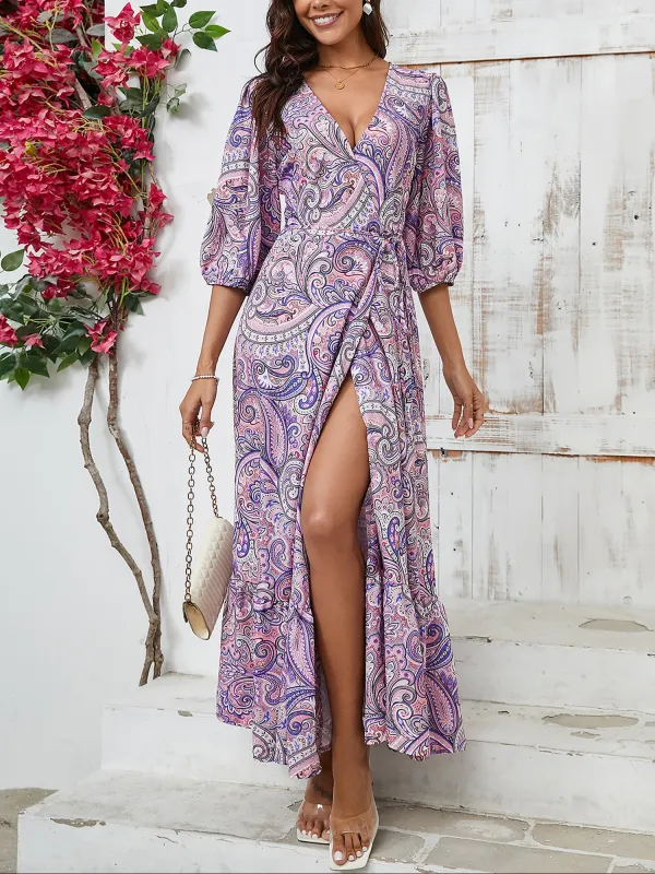 3D Embroidered Paisley Boho V Neck Puff Sleeve Paisley Print Resort Beach Dress sold by Allegra K