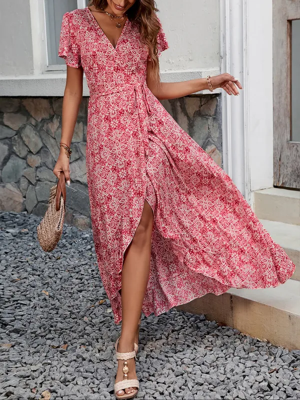 Floral V Neck Short Sleeves Maxi Wrap Dress sold by Allegra K