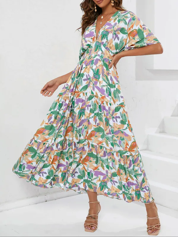 Floral V Neck Bat Sleeves Tiered Maxi Dress sold by Allegra K