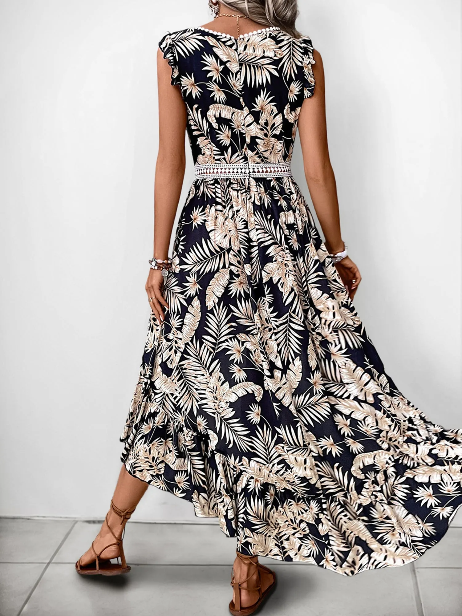 Tropical Palm Leaf Print & Flutter Ruffles Hi-Lo Hem Midi Beach Vacation Dress sold by Allegra K product image thumbnail 3