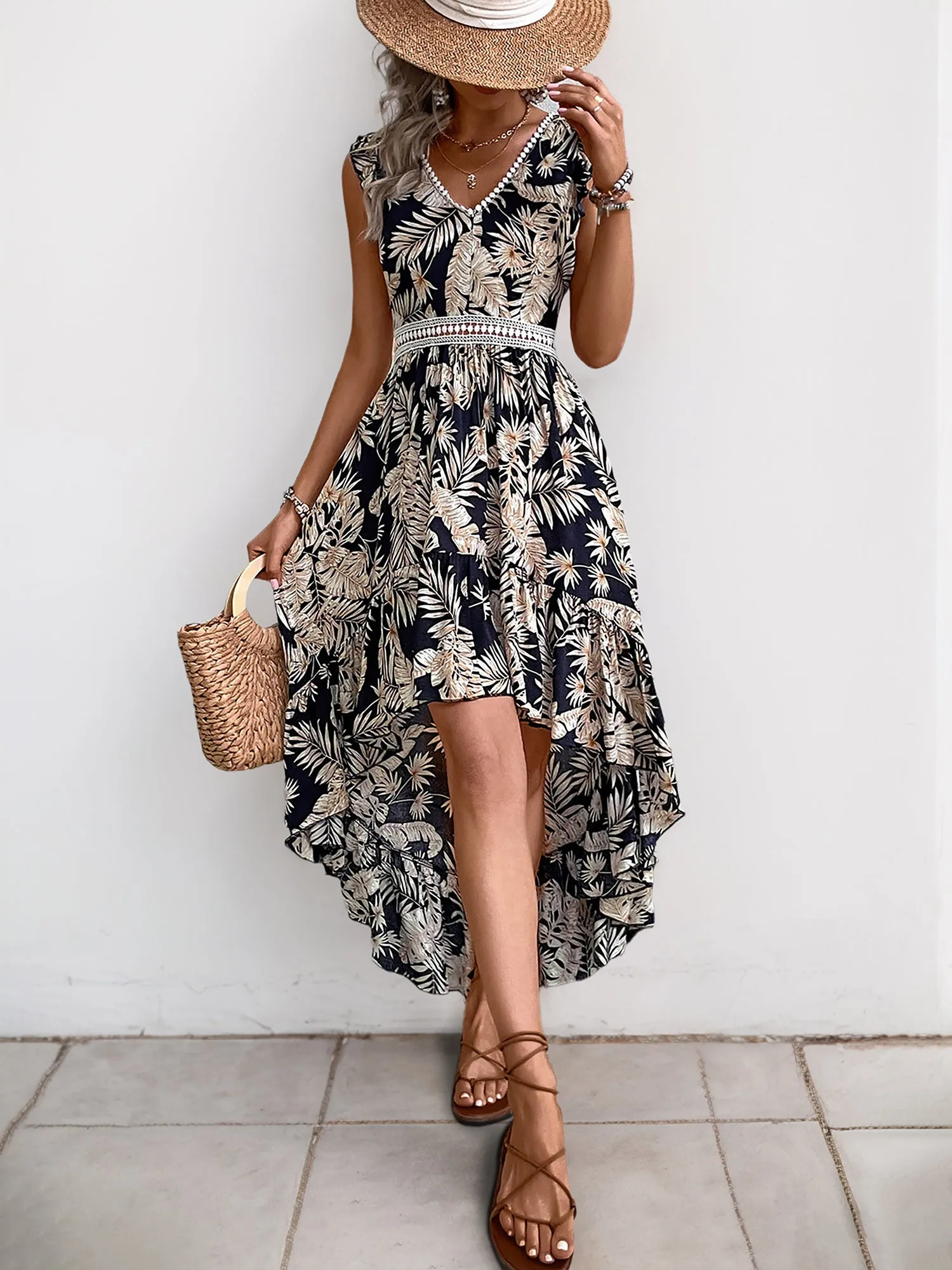 Tropical Palm Leaf Print & Flutter Ruffles Hi-Lo Hem Midi Beach Vacation Dress sold by Allegra K product image thumbnail 4